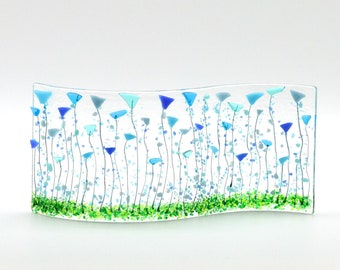 Fused Glass Blue Tulip/Balloon Flowers, Shelf/Window Sill Art, Handmade