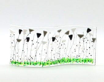 Black Grey and White Fused Glass Flowers, Shelf/Window Sill Art, Modern Home Decor, Candle Votives Handmade