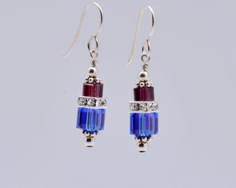 Purple and Blue Swarovski Crystal Squaredelle Earrings in Sterling Silver // Gift for her // Gifts for under 20 // Multicolor drop earrings