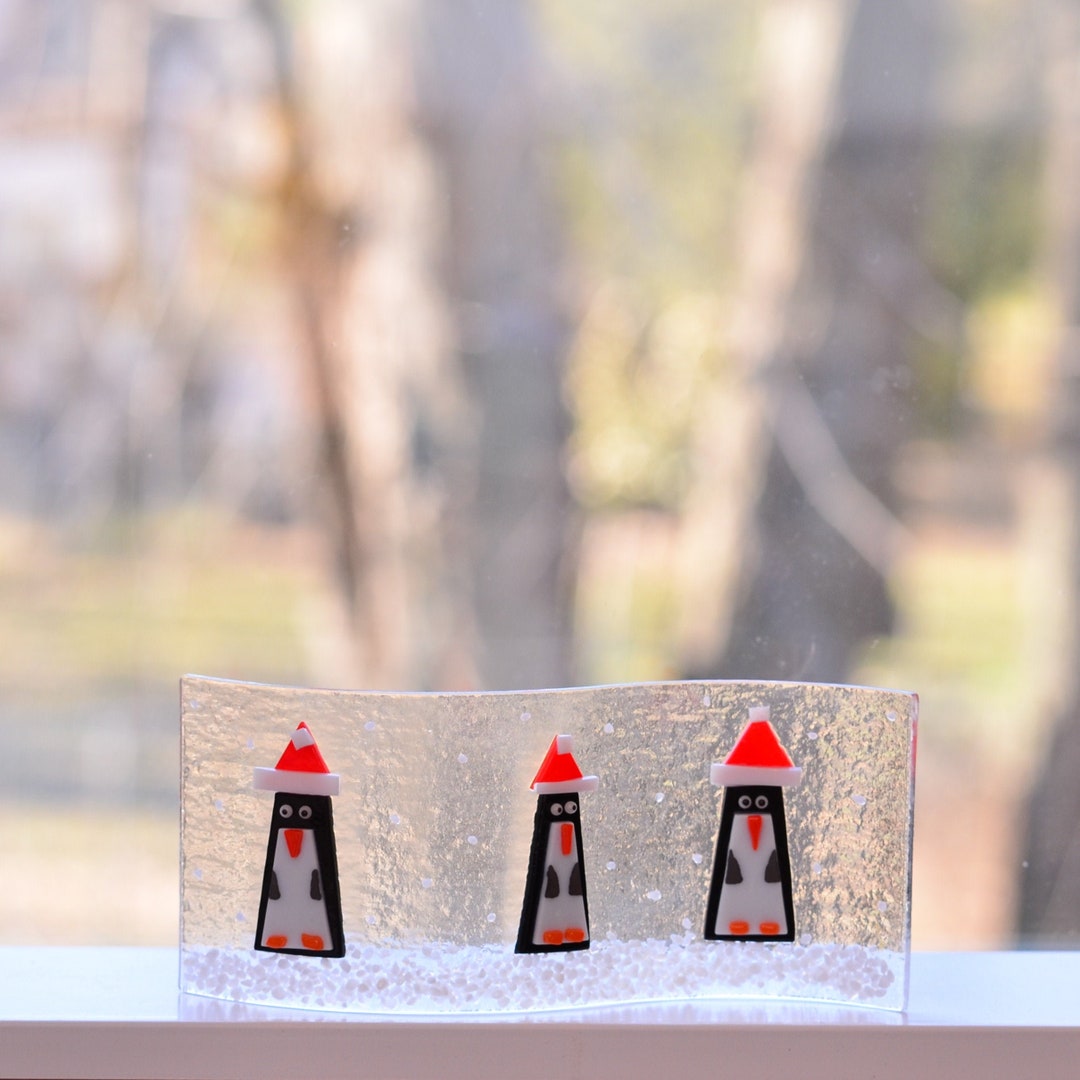 Penguin Family Fused Glass Shelf/window Sill/votive Artwork Etsy