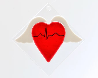 Nurse/Doctor/Healthcare worker Fused Glass Suncatcher. Red Heart with wings and EKG/ECG heartbeat. Window art suncatcher decoration