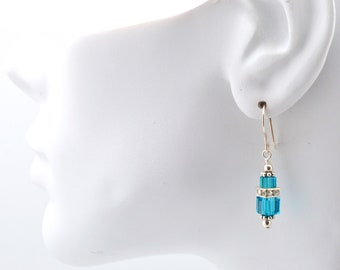 Blue Zircon Swarovski Crystal Squaredelle Earrings // December birthstone earrings // Bridesmaid earrings // Gifts for under 20