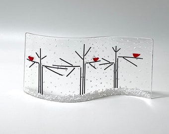 Red Cardinal, Trees and snow Fused Glass Shelf/Window sill/Votive Artwork, Christmas Winter Holiday decoration, Handmade Glass Art