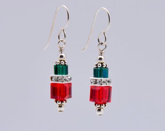 Christmas Swarovski Crystal Squaredelle Earrings in Sterling Silver // Green and Red // Emerald and Ruby // Gifts for her under 20