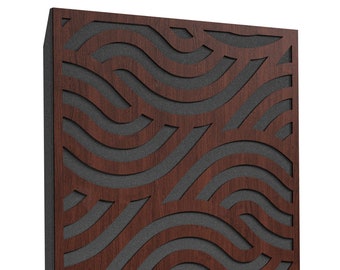 May include: Acoustic panel with a dark brown wood grain design and a wave pattern. The panel has a dark gray foam backing. The wood grain design is cut out to reveal the foam.