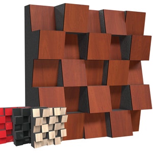 May include: A set of three acoustic panels for soundproofing a room. The panels are made of wood and have a geometric design. The panels are in different colors: red, black, and wood.