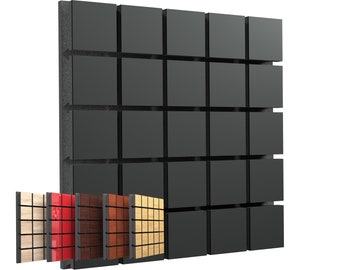 May include: Acoustic wall panel with a grid of black square tiles. Several sample panels in various wood grain and solid colors are displayed below the main panel, showcasing design options for soundproofing and interior design.