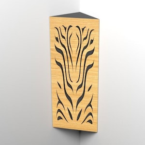 May include: A wooden corner shelf with a natural wood grain finish. The shelf features a decorative black cutout design. The top of the shelf is black. The shelf is mounted in the corner of a white wall.