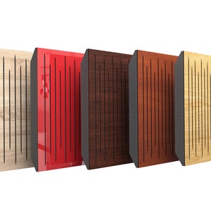 May include: Five acoustic panels with different wood grain finishes. The panels are made of wood and have a black frame. The panels are arranged in a row from left to right. The panels are all the same size.