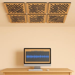 May include: Six wooden acoustic panels with black diagonal lines are mounted on a ceiling. Below, a computer monitor displays a blue sound wave on a dark background. The monitor sits on a wooden desk.