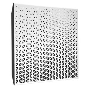 Pode incluir: Um painel quadrado branco com um design geométrico de triângulos pretos. Os triângulos são densamente compactados na parte superior e tornam-se gradualmente mais esparsos em direção à parte inferior, criando um efeito de gradiente. O painel tem um lado preto.
