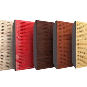 May include: Five acoustic panels with different wood grain finishes and a perforated pattern. The panels are arranged in a row from left to right: natural wood, red, brown, dark brown, and light wood.