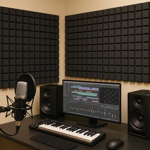 Könnte beinhalten: Ein Heimstudio-Setup mit Mikrofon, Lautsprechern, einem Computermonitor mit Audiobearbeitungssoftware, einer Tastatur und einer Maus. Schwarze Akustikpaneele sind an den Wänden angebracht.