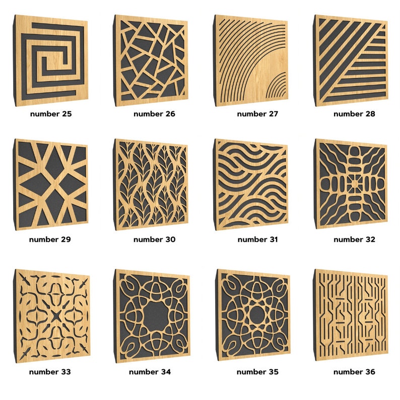 Puede incluir: Doce dise&ntilde;os diferentes de paneles ac&uacute;sticos con veta de madera y recortes negros. Los paneles est&aacute;n numerados del 25 al 36.