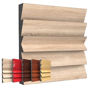 Puede incluir: Un panel de pared de madera con un patr&oacute;n escalonado. El panel est&aacute; disponible en una variedad de colores, incluyendo madera natural, rojo, marr&oacute;n y beige.