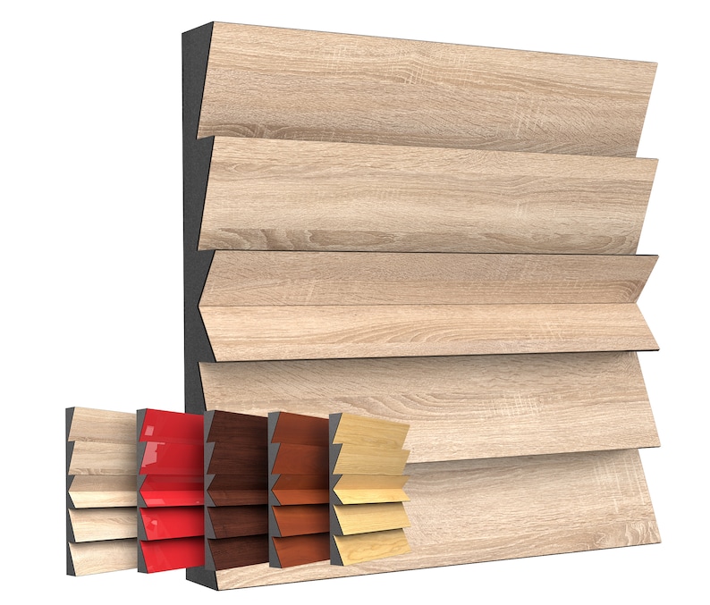 Puede incluir: Un panel de pared de madera con un patr&oacute;n escalonado. El panel est&aacute; disponible en una variedad de colores, incluyendo madera natural, rojo, marr&oacute;n y beige.