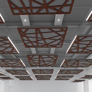 May include: An architectural interior featuring a series of suspended ceiling panels. The panels have a geometric, openwork design in a warm brown color, set against a gray background. Linear LED lights are integrated, providing bright illumination.