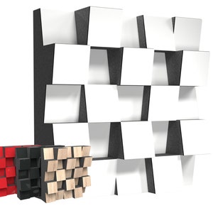 Puede incluir: Un conjunto de tres paneles acústicos para la absorción del sonido. Los paneles están hechos de diferentes materiales, incluyendo madera, tela y espuma. Los paneles están diseñados para reducir el ruido y mejorar la calidad del sonido en una habitación.