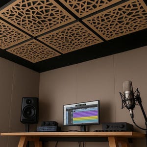 Plafondgeluidsabsorberende panelen met decoratief houten front