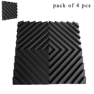 Könnte beinhalten: Schwarze Akustik-Schaumstoffplatten mit einem geometrischen, geriffelten Design. Das Bild zeigt vier Paneele, die zusammen angeordnet sind, mit einem kleineren Paneel in der oberen linken Ecke. Der Text "pack of 4 pcs" ist sichtbar.