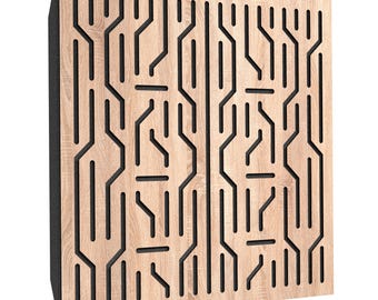 May include: A square wooden acoustic panel with a light wood grain finish. The panel features a repeating pattern of black, linear cutouts, creating a geometric design. The sides of the panel are dark gray.
