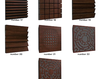 May include: A collection of seven wooden acoustic panels in various designs. The panels are primarily dark brown with unique surface patterns, including horizontal slats, squares, and geometric shapes. Each panel is labeled with a number.