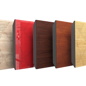 May include: Five acoustic panels with different wood finishes. The panels are made of wood with a perforated surface and a black frame. The finishes include natural wood, red, brown, dark brown, and light brown.