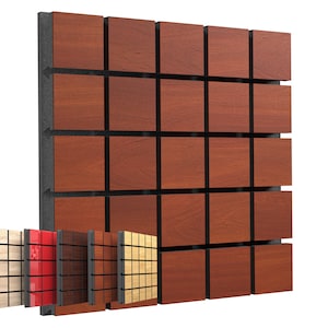 Puede incluir: Un panel de pared hecho de azulejos de madera con un marco negro. Los azulejos están dispuestos en un patrón de cuadrícula. El panel se muestra en cuatro colores de madera diferentes: marrón, rojo, negro y natural.