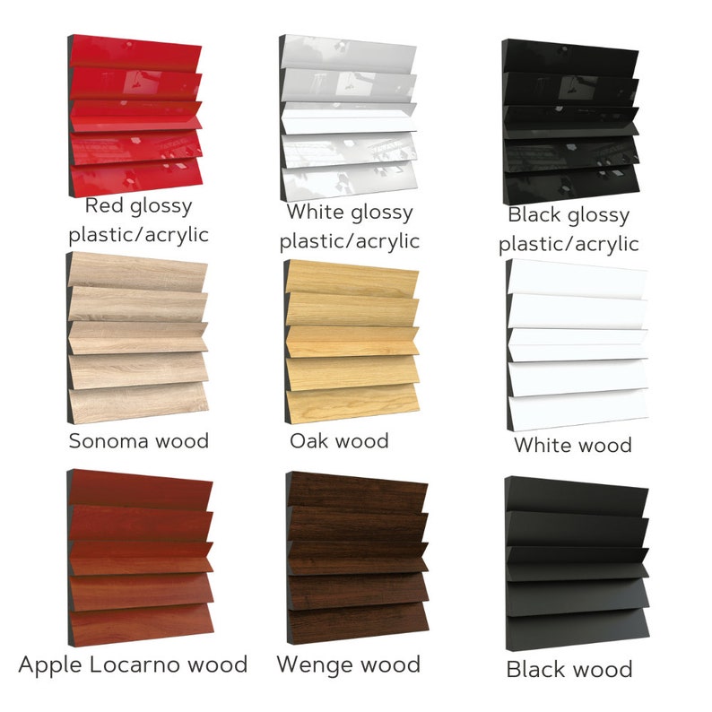 Puede incluir: Un conjunto de seis muestras diferentes de madera y pl&aacute;stico/acr&iacute;lico, cada una con un color y una textura diferentes. Las muestras est&aacute;n dispuestas en una cuadr&iacute;cula, con los nombres de cada muestra enumerados debajo. Las muestras tienen todas la forma de un acorde&oacute;n plegado.