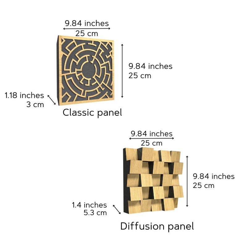 Puede incluir: Dos paneles ac&uacute;sticos, uno con un dise&ntilde;o cl&aacute;sico de laberinto y el otro con un patr&oacute;n de difusi&oacute;n. Ambos paneles miden 9,84 pulgadas por 9,84 pulgadas (25 cm por 25 cm).