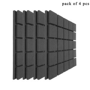 Könnte beinhalten: Vier dunkelgraue Akustikpaneele mit einem gitterartigen Design. Jedes Paneel besteht aus quadratischen Blöcken, die Schallabsorption bieten. Der Text "pack of 4 pcs" ist sichtbar.