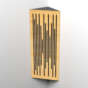 May include: A wooden corner acoustic panel with a black top. The panel features vertical black lines on a light wood grain surface. The design is intended for sound absorption and noise reduction in a room.
