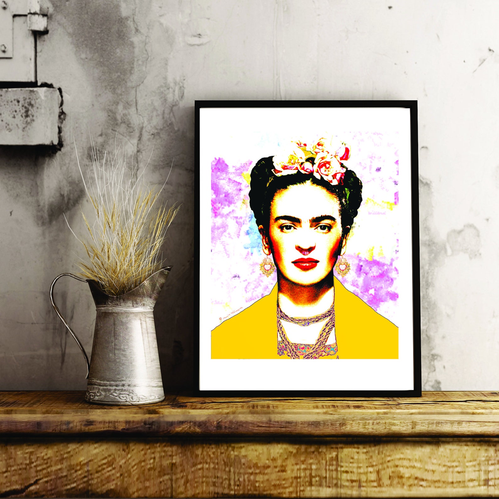 Frida Kahlo With Yellow Rebozo on Brush Strokes Background | Etsy