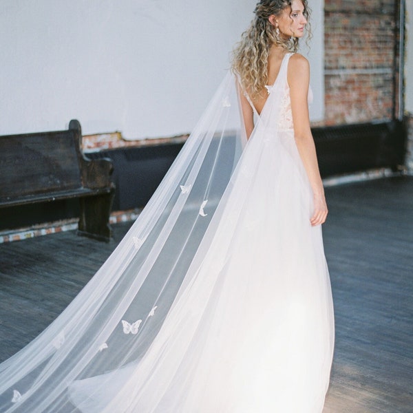 bridal cape with butterflies, embellished cape veil, butterfly wedding cape - JOIE