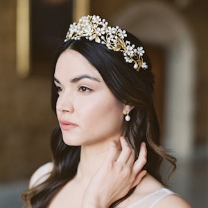 floral wedding crown, gold pearl bridal crown, statement wedding crown BEATRICE image 7