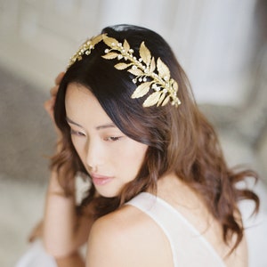 gold wedding crown, gold bridal headpiece, crystal hair piece, gold crystal crown, gold leaf crown DIANA image 1