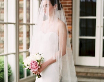 One Blushing Bride Two Tier Drop Wedding Veil, Long Veil with Blusher, Double Layer Nude / Fingertip 35-40 Inches