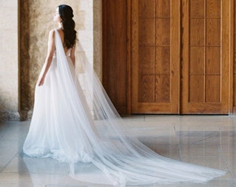 Sheer Tulle Bridal Cape Veil, Low Draped Back, Wedding Cape | PETRA