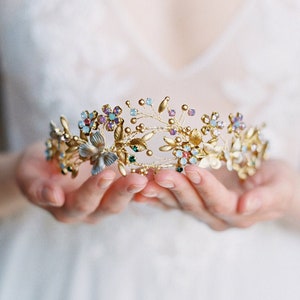 floral tiara, bridal tiara, wedding crown, colourful gold floral headpiece with butterflies TITANIA image 1