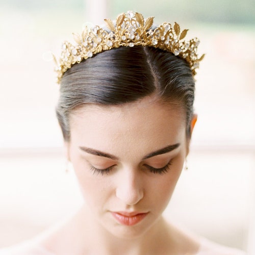 FLORES Gold Wedding Crown Crystal Bridal Tiara Gold Bridal Etsy Australia