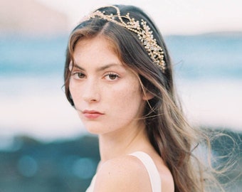 gold bridal crown, gold headpiece, gold crown, gold wedding crown, gold headband, gold bridal hair accessories, gold tiara - AMIRA