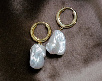 baroque pearl hoop earrings, bridal hoop earrings, big pearl earrings, modern wedding earrings - HARPER