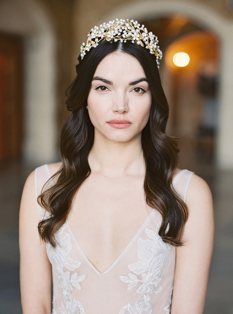 floral wedding crown, gold pearl bridal crown, statement wedding crown BEATRICE image 4