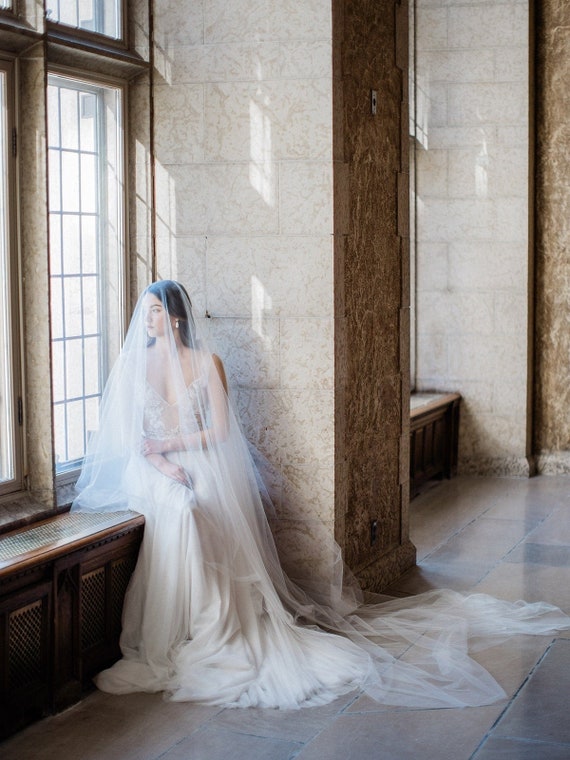 One Blushing Bride Cathedral Drop Veil with French Lace Trim and Blusher in White / Ivory White / 108 inch Cathedral / Without Beading