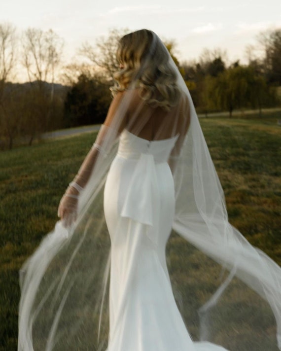 Sheer Drop Bridal Veil With Long Blusher, No Comb cathedral Veil