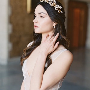 floral wedding crown, gold pearl bridal crown, statement wedding crown BEATRICE image 6