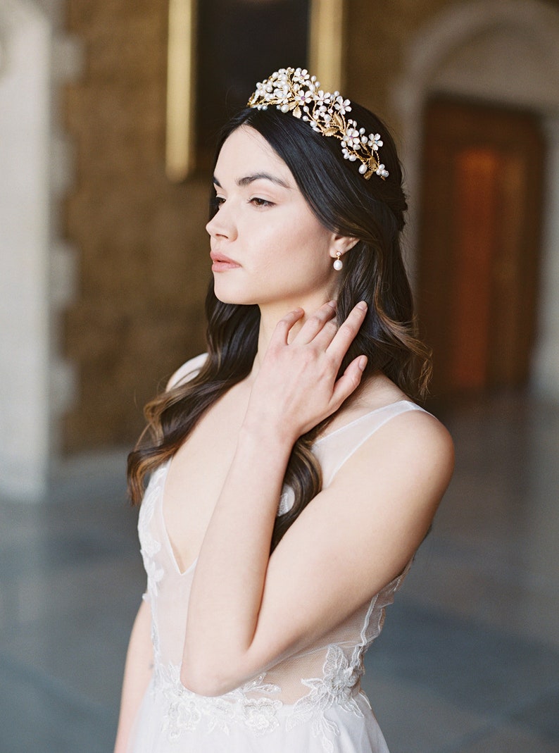 floral wedding crown, gold pearl bridal crown, statement wedding crown BEATRICE image 6