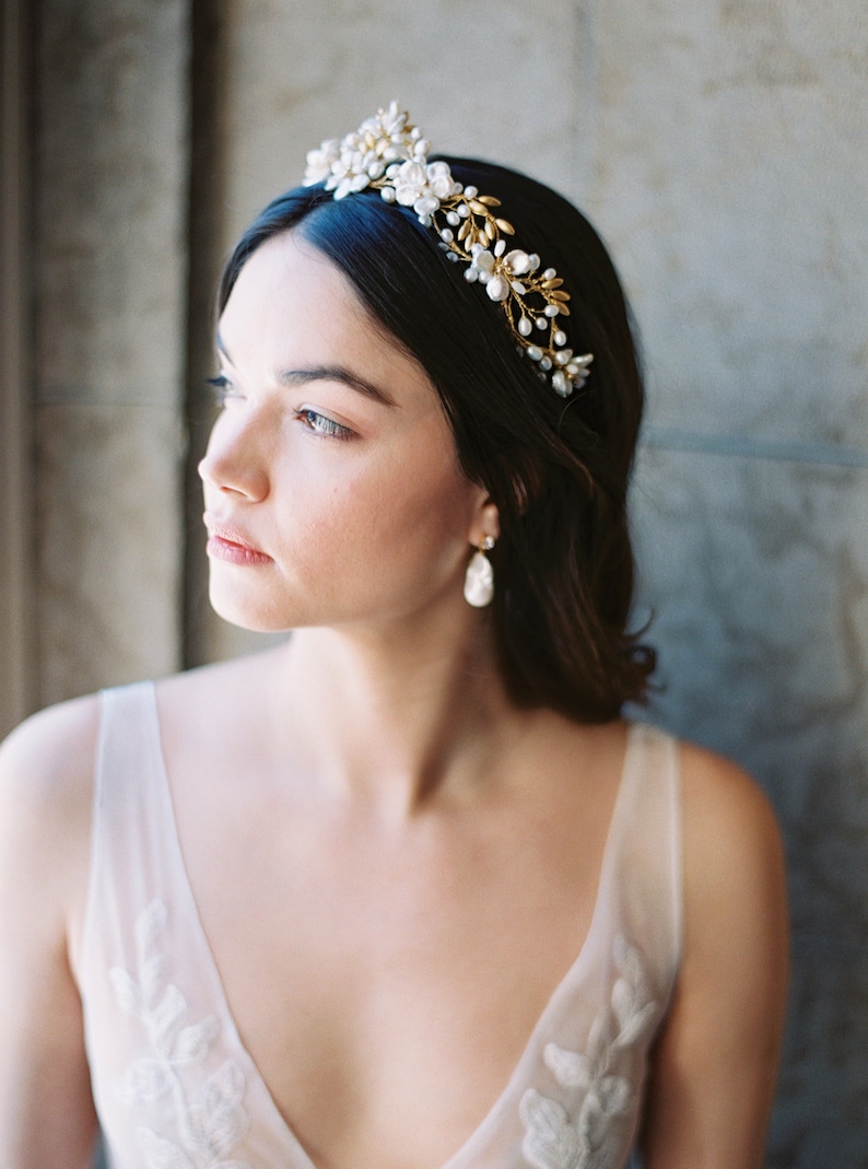 floral wedding crown, floral bridal tiara, pearl bridal crown, pearl wedding headpiece JOSEPHINE image 1