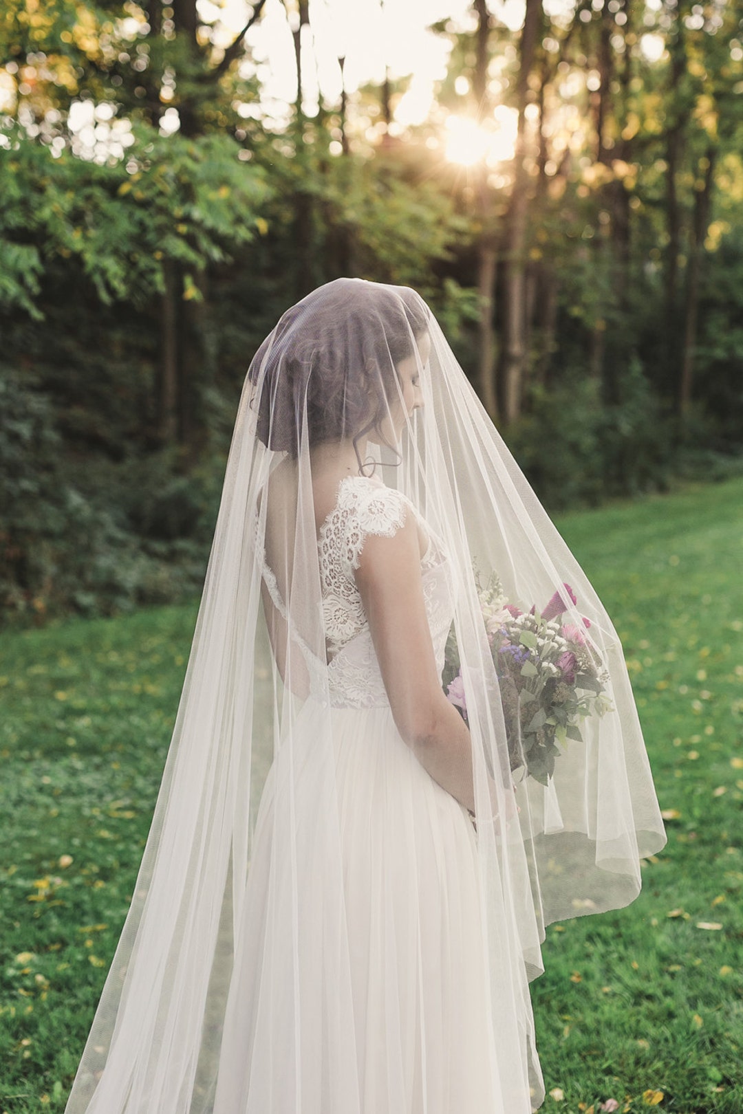 Ombre Champagne Floral Lace Ivory Cathedral Veil with Blusher Bridal V –  SheerGirl