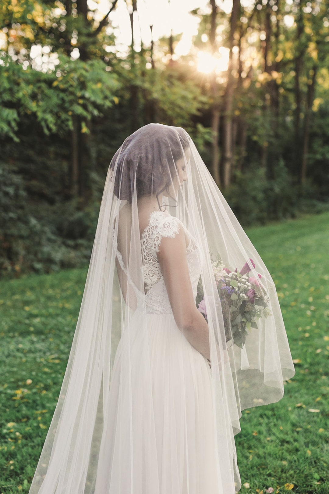 One Blushing Bride Cathedral Drop Veil with French Lace Trim and Blusher in White / Ivory White / 108 inch Cathedral / Without Beading